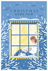 Cozy winter illustration for Christmas book fair, bookstore, library, sale in bookshop. Woman reading book and sitting at the winter window.