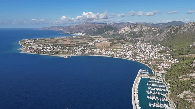 Aerial View of Oren Coastline and Marina in Milas, Turkey