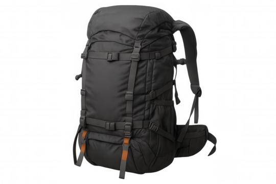 Black hiking backpack for outdoor adventure, trekking, travel, camping, rucksack, gear on transparent background