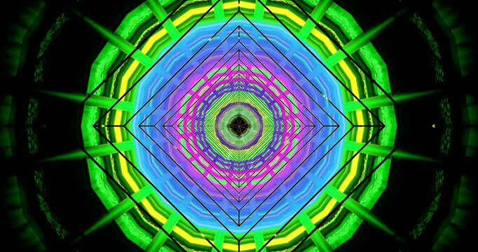 A mesmerizing tunnel video loop features vivid green and purple patterns that seamlessly transition, creating an immersive and vibrant visual experience perfect for screensavers.