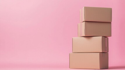 Obraz premium Stacked pink and beige gift boxes on pastel background luxury packaging concept