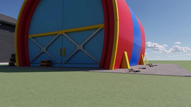 Hangar 3D color&eacute; rouge et bleu dans un espace ouvert