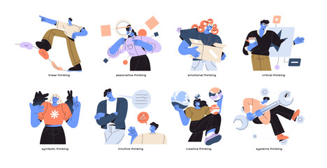 Fototapeta premium Different mental mindsets set. People with various psychological and thinking types: associative, critical, intuitive, creative. MBTI personality concept. Flat isolated vector illustrations on white
