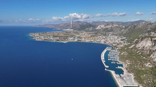 Aerial View of Oren Coastline and Marina in Milas, Turkey