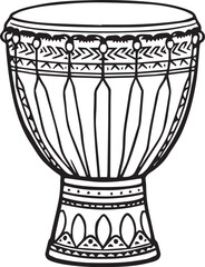 Black and white vector illustration of traditional African djembe drum with cultural patterns and stylized design