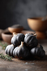 Moody culinary still life featuring a pile of black garlic bulbs, showcasing gourmet food ingredients. Perfect for food blogs, recipes, or healthrelated designs.