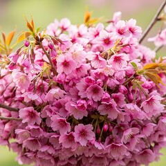 Abundant Pink Cherry Blossoms in Full Bloom on a Branch.
