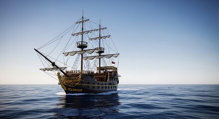 Obraz premium Majestic Galleon Sailing on the Open Sea Under a Clear Blue Sky.