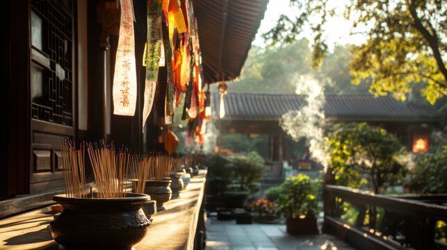 Tranquil asian temple courtyard with incense and vibrant hanging scrolls. Pchum Ben