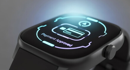 Smartwatch showing payment approved message. Digital transaction confirmed on wearable device. Contactless payment system. Future technology.