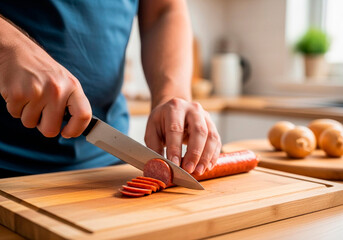 Obraz premium The chef's hands slice salami into perfectly thin slices on a light wooden board. Home cooking.