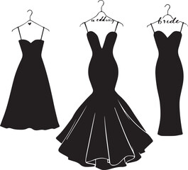 Three black dresses on hangers with bridal and wedding styles, black and white vector illustration