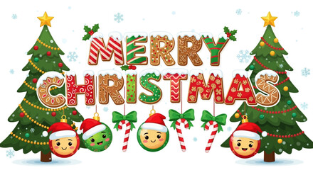 Playful and festive “Merry Christmas” lettering design with Christmas trees, ornaments, candy canes, and snowflakes. A colorful and joyful illustration ideal for greeting cards, posters, invitations.