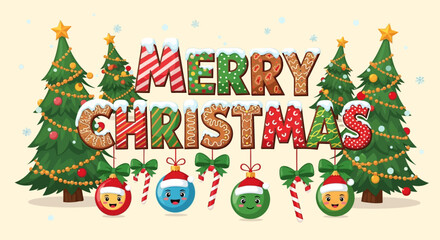 Playful and festive &ldquo;Merry Christmas&rdquo; lettering design with Christmas trees, ornaments, candy canes, and snowflakes. A colorful and joyful illustration ideal for greeting cards, posters, invitations.