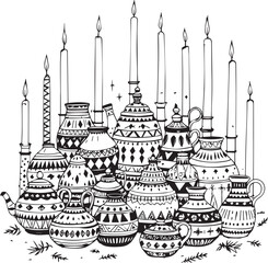 Detailed Ethnic Patterned Vases and Teapots with Burning Candles Vector Line Art Still Life