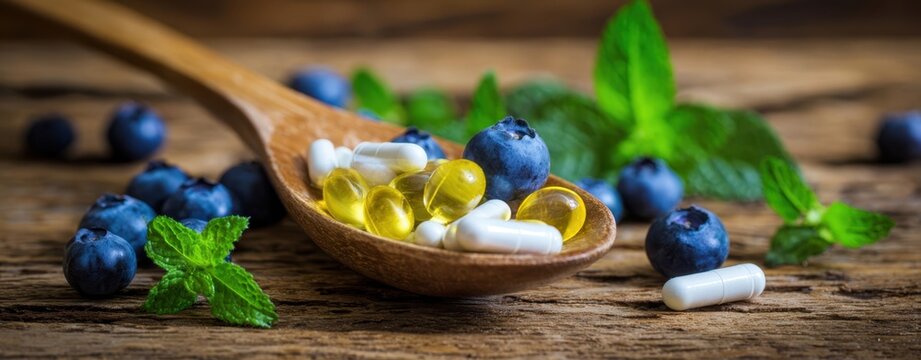 The Wooden Spoon with Capsules Softgels Blueberries and Fresh Mint on Rustic Wood Background - Powered by Adobe