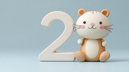 Cute animal with number two, adorable character, playful design, soft colors, cartoon style, cheerful expression, friendly appearance
