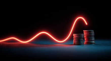 A glowing red neon line graph shows a bullish upward trend, culminating in stacks of coins representing financial growth and investment profit