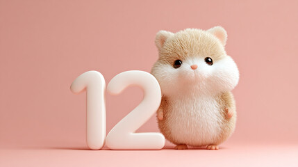 Cute animal with number 12, fluffy hamster, adorable expression, pastel background, playful design, cartoon style