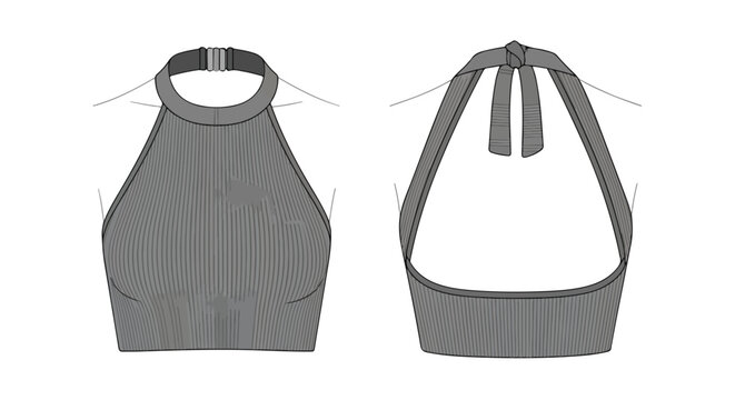 Technical flat sketch illustrating a grey ribbed halter top with buckle and tie closures, presented front and back for fashion design resources