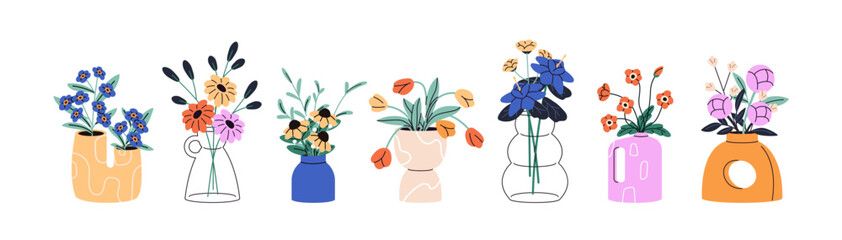 Different modern vases with flowers set. Glass and ceramic pots with bouquets. Jugs with geometric shapes for posies, branches of bloom plants. Flat isolated vector illustrations on white background