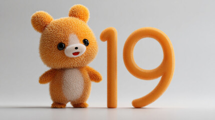 Cute orange bear character with fluffy texture standing next to number 19, creating playful and cheerful atmosphere