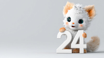 Cute animal character holding number 24, fluffy white fur, big eyes, playful expression, soft features, cartoon style, adorable design