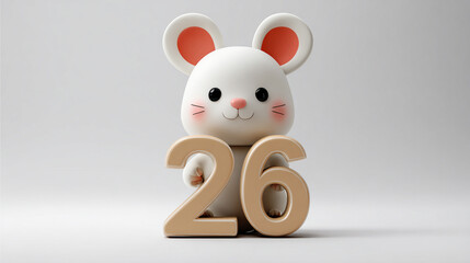 Cute animal mouse holding number 26, bright colors, playful expression, cartoon style, adorable design, cheerful atmosphere