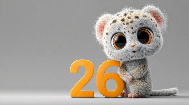 Cute animal character with large eyes, fluffy fur, and playful expression, standing beside bright orange number 26, creating cheerful atmosphere