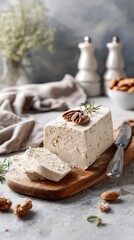 Fototapeta premium Fresh herb-infused vegan cashew cheese on wooden board with rosemary and nuts