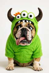 Funny Bulldog Dog Wearing Green Monster Halloween Costume with Horns and Three Eyes Isolated on White Background