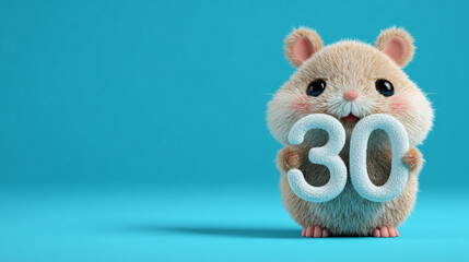 Cute animal holding number, fluffy hamster, bright background, cheerful expression, playful design, cartoon style