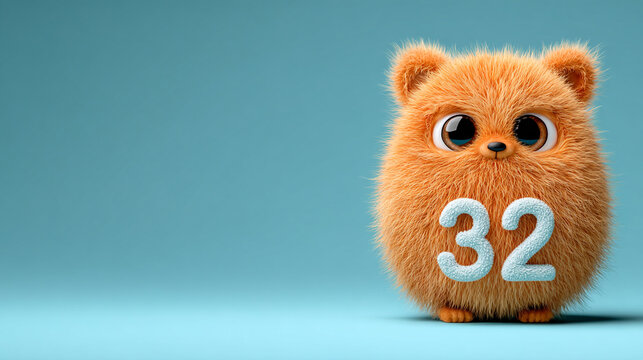 Fluffy orange animal with large eyes and cute expression, featuring number 32 in blue. This adorable creature brings joy and charm