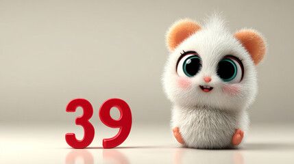Fototapeta premium Cute animal character with fluffy white fur and large expressive eyes, sitting beside bright red number 39, evoking playful and cheerful