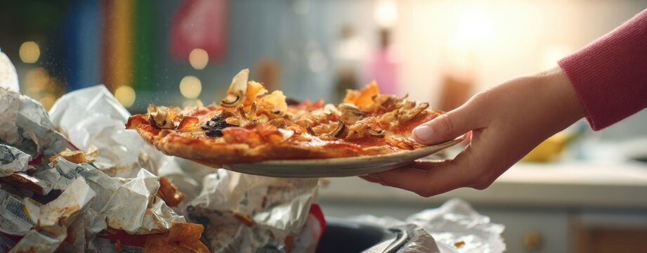 The pizza slice being held over a trash bin full of wrappers