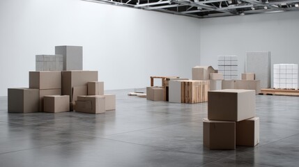 Warehouse with boxes industrial advertising product photography design concept packaging logistics modern clean minimal professional elegant aesthetic