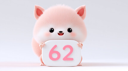 Cute animal holding number sign, fluffy pink fur, cheerful expression, adorable features, playful pose, cartoon style