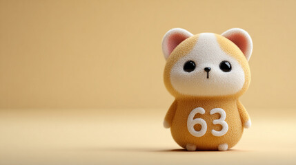Cute animal figure with soft texture, featuring number 63 its body. character has large eyes and friendly expression, set against warm background