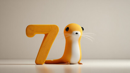 Cute animal with number seven, bright colors, playful expression, cartoon style, minimalistic design, adorable character