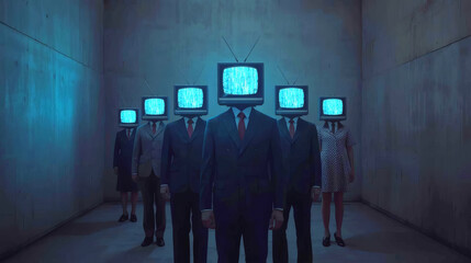 Vintage Static Conformity A Surreal Cinematic Scene of 1950s TV-Headed Figures in Eerie Blue Glow, Perfect for Editorial and Conceptual Media