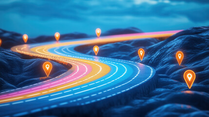 a curved road with location markers, rainbows , symbolizing strategic planning and project timeline