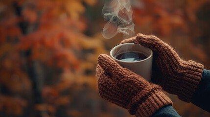 Cozy Comfort in Autumn Steaming Mug Cradled in Knit Gloves, Perfect Hygge & Wellness Marketing Visual