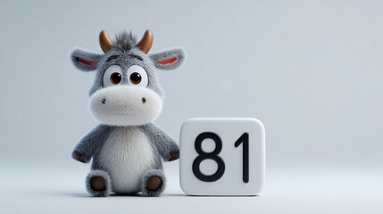 Cute animal character with fluffy gray fur and small horns, sitting beside large number 81, evoking playful and cheerful atmosphere