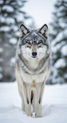 Fototapeta premium Wolf in Winter - A Focused Gaze in a Snowy Landscape.