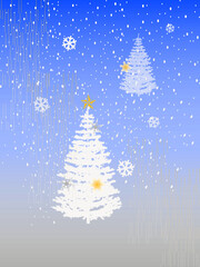 Fototapeta premium 白いクリスマスツリーと降る雪の背景（ブルー） ー 星飾りの白いツリーと雪の結晶が舞うグラデーション背景。ポストカード、ポスター、マスキングシートブックタイプ、フレークシールに最適。