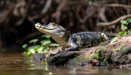 Caiman River bank reptile animal.