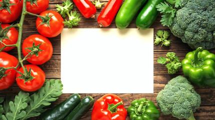 Vibrant Healthy Veggies Framing Blank Card on Wood Table, Top View Flat Lay for Marketing, Recipe, Grocery & Menu Design