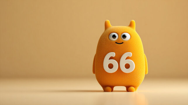 Cute orange character with number 66, playful design, soft texture, friendly expression, minimalistic style, suitable for children