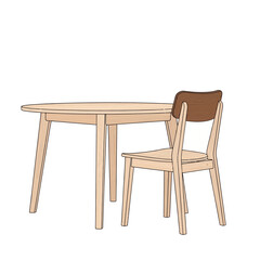 A minimalist illustration of a wooden table and chair, isolated on white background, showcasing a simple yet elegant design perfect for modern interiors