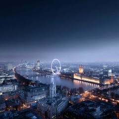 Fototapeta premium Stunning nighttime panorama of a vibrant cityscape. River reflects the city lights. Great for travel, business or urban development themes. Evokes progress and sophistication.